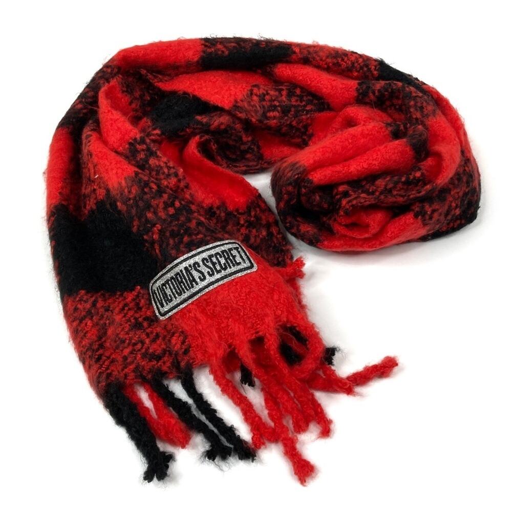 Victoria's Secret Red Black Plaid Fuzzy Winter Scarf 100% Acrylic
